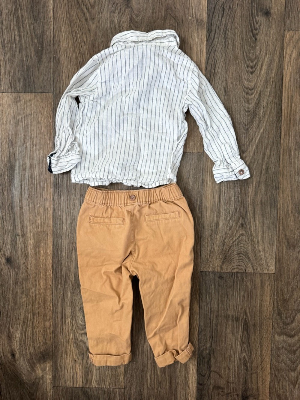 Little Lad Boys 18M Striped Linen Cotton Shirt & Beige Pants Set Long Sleeve - Picture 4 of 4